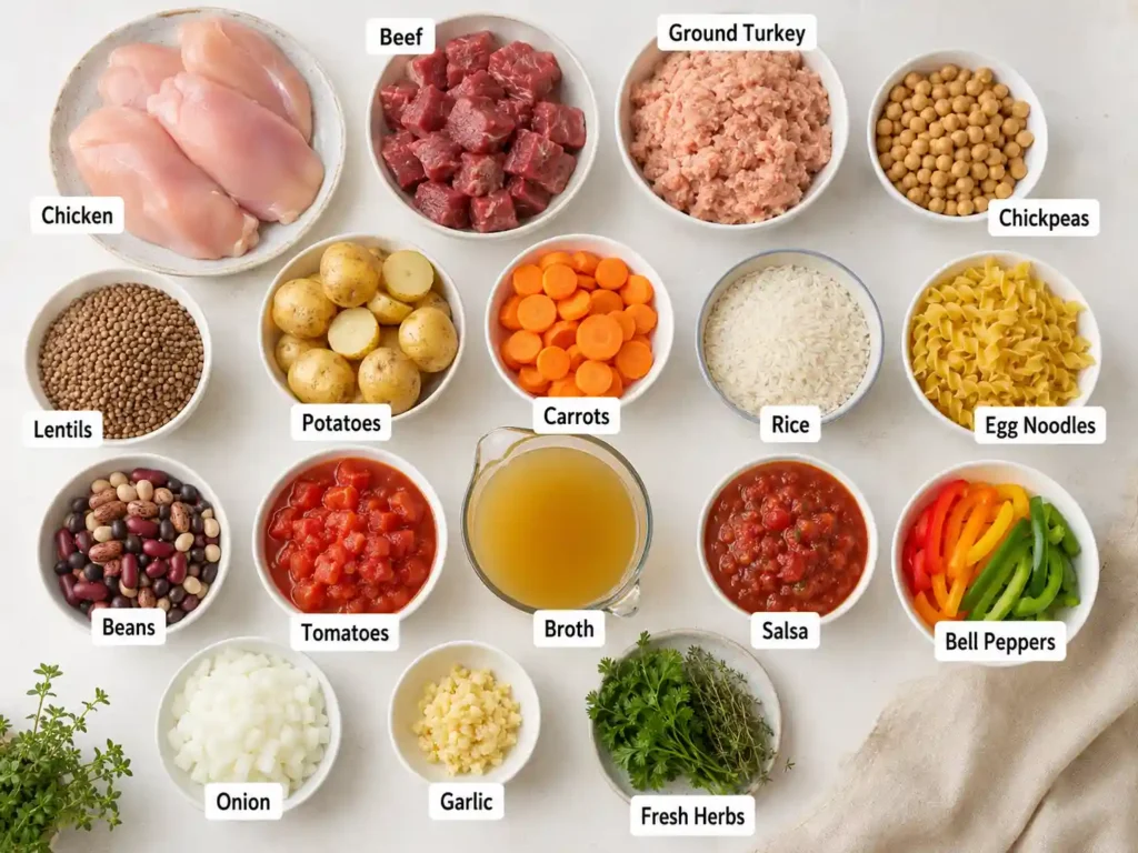 Labeled crockpot dinner ingredients including chicken beef turkey chickpeas lentils potatoes rice noodles beans tomatoes and broth