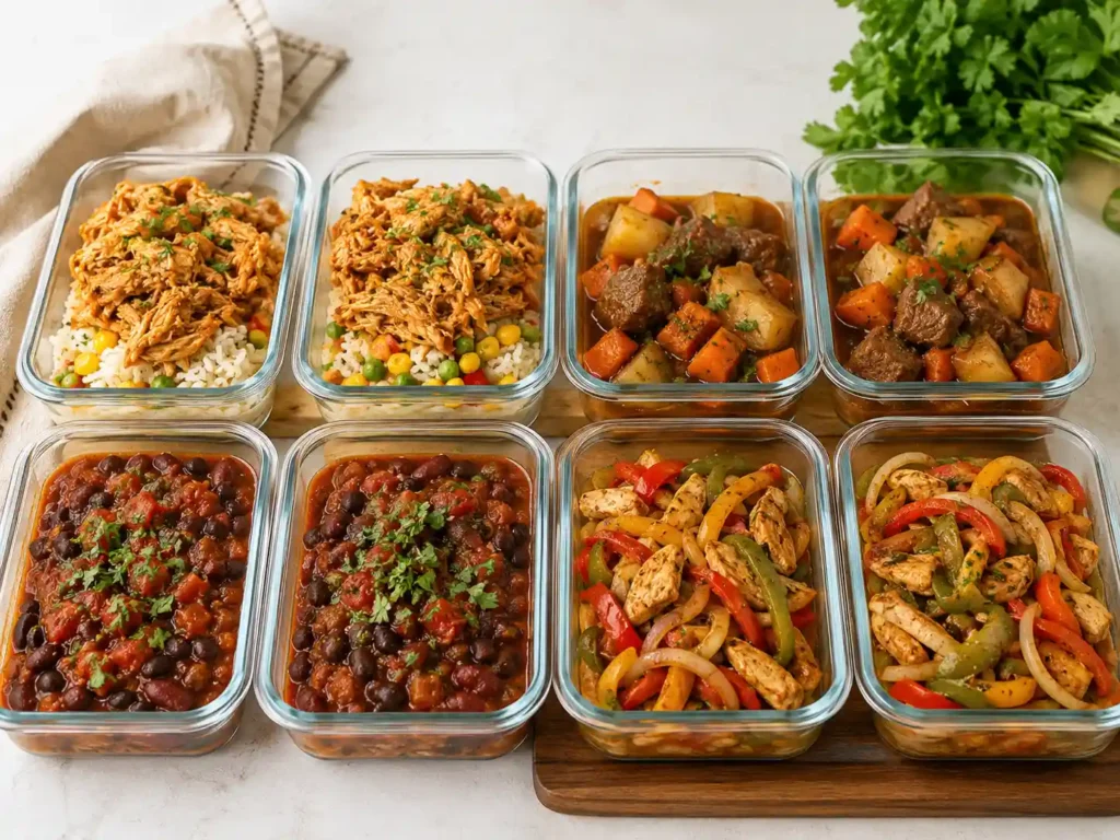 Crockpot dinner meal prep containers with shredded chicken beef chili rice potatoes beans and vegetables