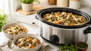 Crockpot dinners with chicken beef vegetables potatoes rice beans and fresh herbs