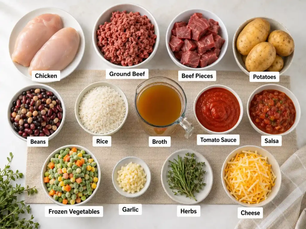 Labeled ingredients for building crockpot meals including chicken, ground beef, potatoes, beans, rice, broth, vegetables, salsa, tomato sauce, garlic, herbs, and cheese.