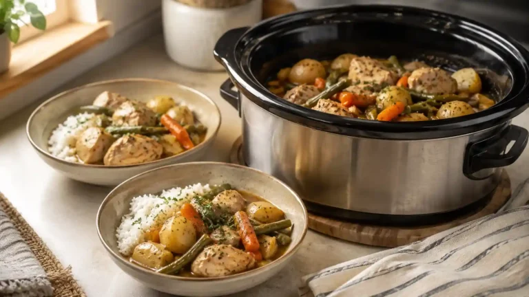 Cozy crockpot meal with chicken, potatoes, vegetables, rice, and serving bowls for an easy family dinner.