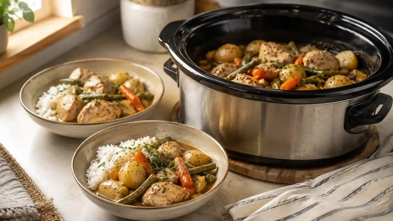 Cozy crockpot meal with chicken, potatoes, vegetables, rice, and serving bowls for an easy family dinner.