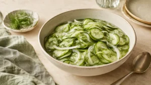 Bowl of cucumber and onions in vinegar with thin cucumber slices, onions, and dill.