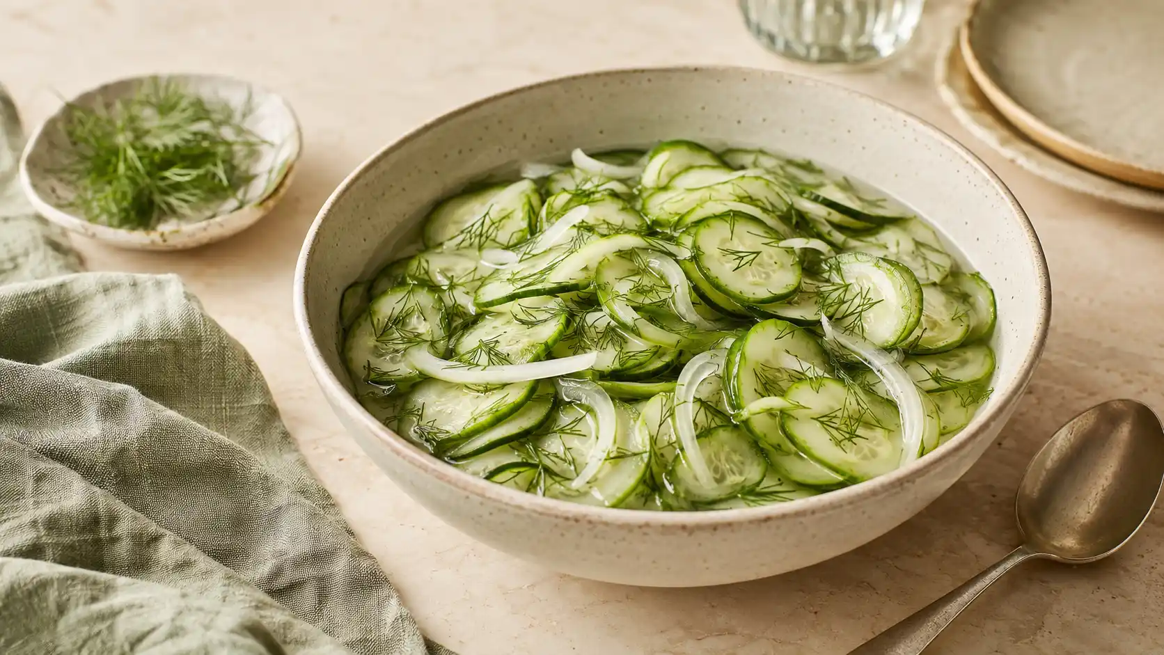 Bowl of cucumber and onions in vinegar with thin cucumber slices, onions, and dill.