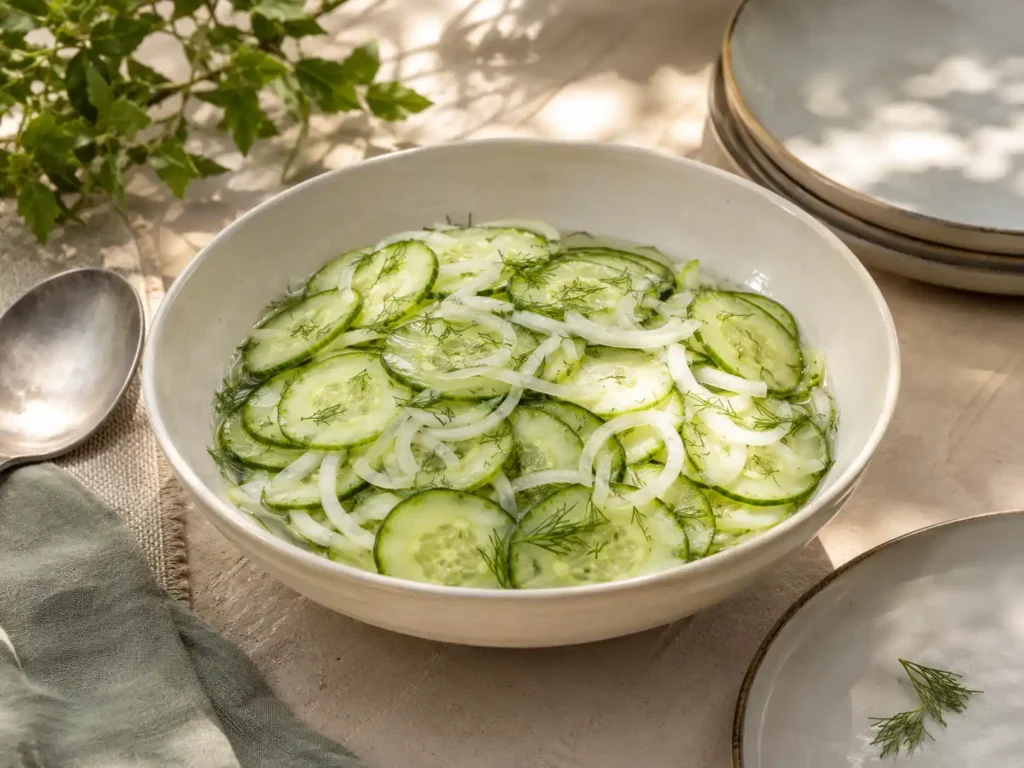 Cucumber and onion vinegar salad served as a cold summer side dish.