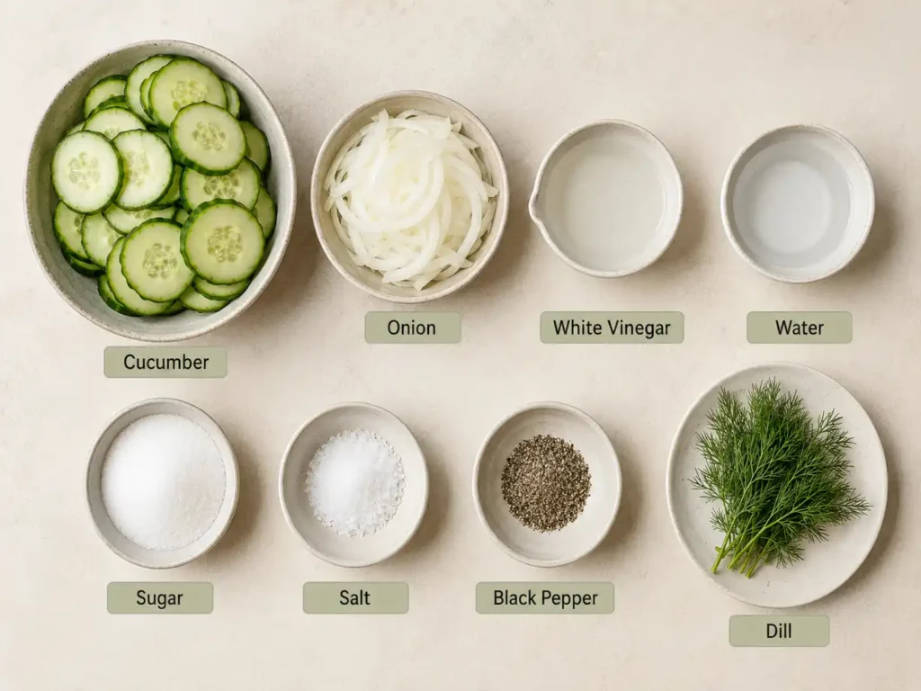 Labeled ingredients for cucumber and onions in vinegar including cucumbers, onion, vinegar, water, sugar, salt, pepper, and dill.