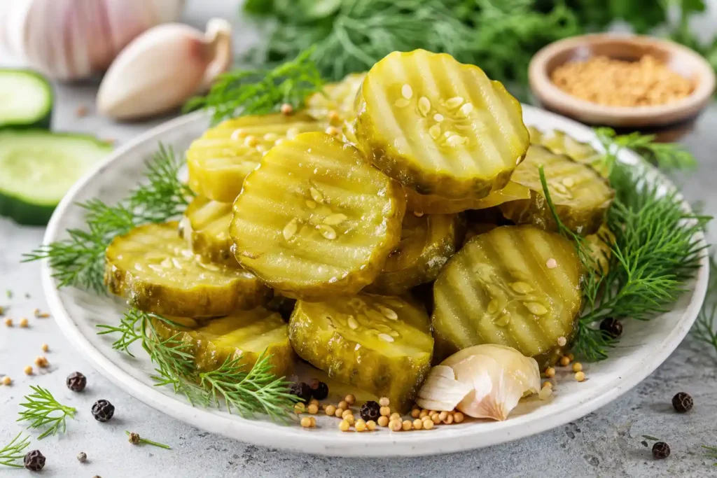 Sharp close-up of crinkle-cut dill pickle slices with fresh dill, garlic, mustard seeds, and brine droplets
