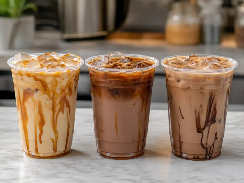 Three iced coffee drinks representing different Dutch Bros Faves