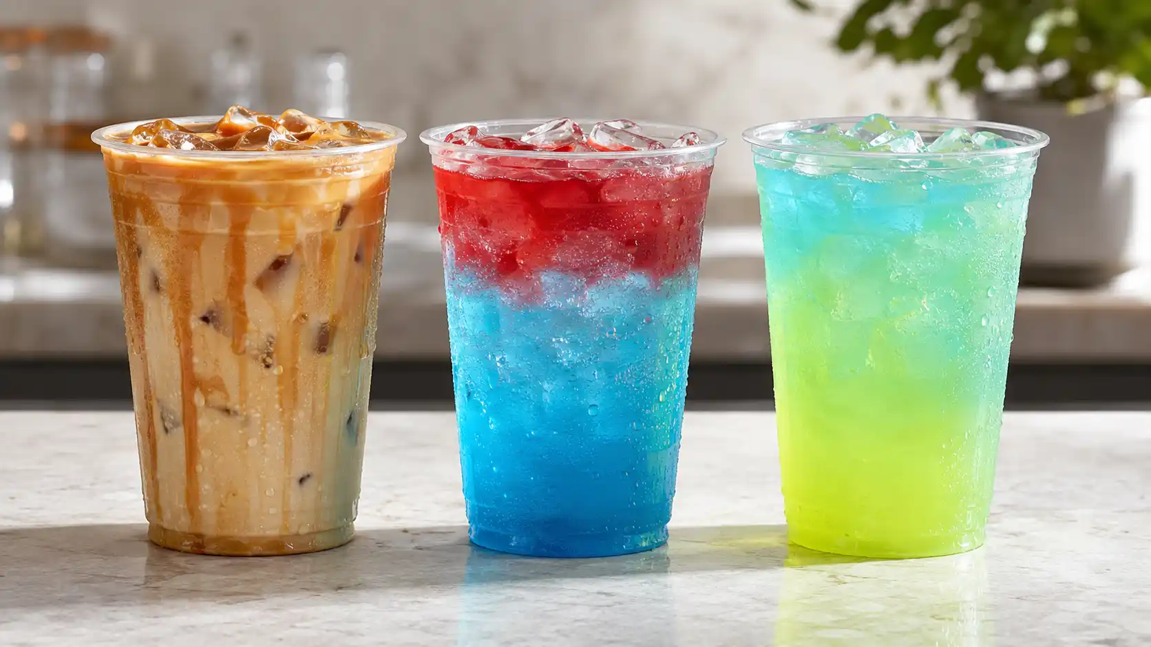 Coffee, energy, and lemonade drinks representing different Dutch Bros drink categories