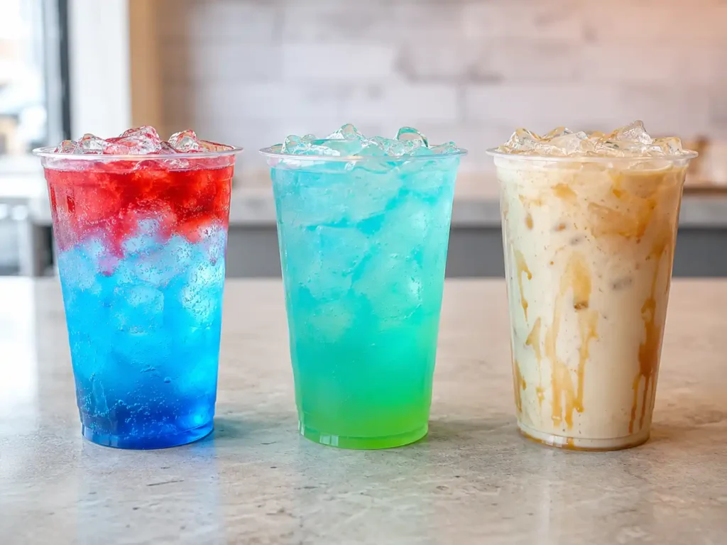 Energy, lemonade, and chai drinks representing non-coffee Dutch Bros options