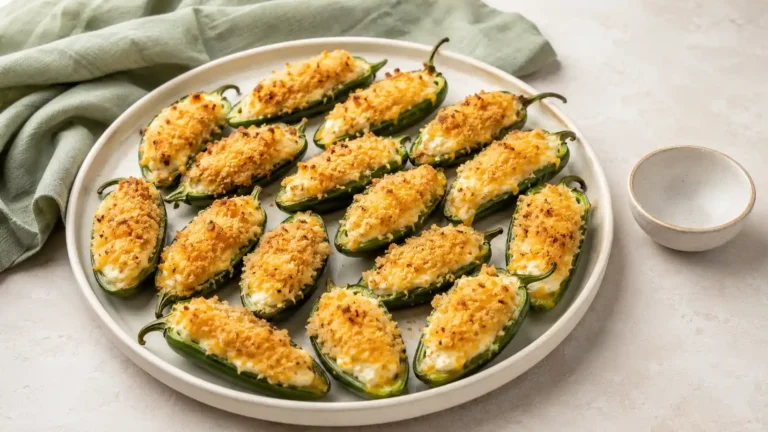 Cream ceramic platter of baked jalapeño poppers filled with cream cheese and cheddar and topped with golden panko.