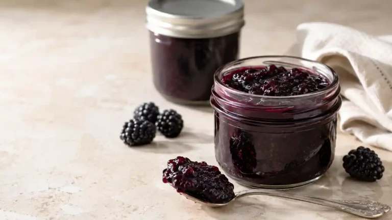 Homemade blackberry jam in a clear glass jar with fresh ripe blackberries and a spoonful of thick jam.