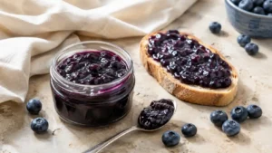 Homemade blueberry jam in an open glass jar with fresh blueberries, a spoon, and toast spread with jam.