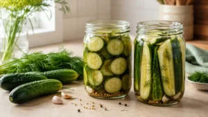 Homemade refrigerator dill pickle chips and spears in glass jars with fresh dill and clear vinegar brine.