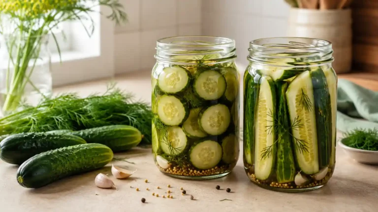 Homemade refrigerator dill pickle chips and spears in glass jars with fresh dill and clear vinegar brine.