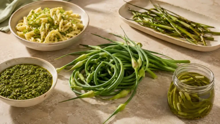 Fresh garlic scapes with garlic scape pesto, pasta, grilled scapes, and refrigerator pickles.