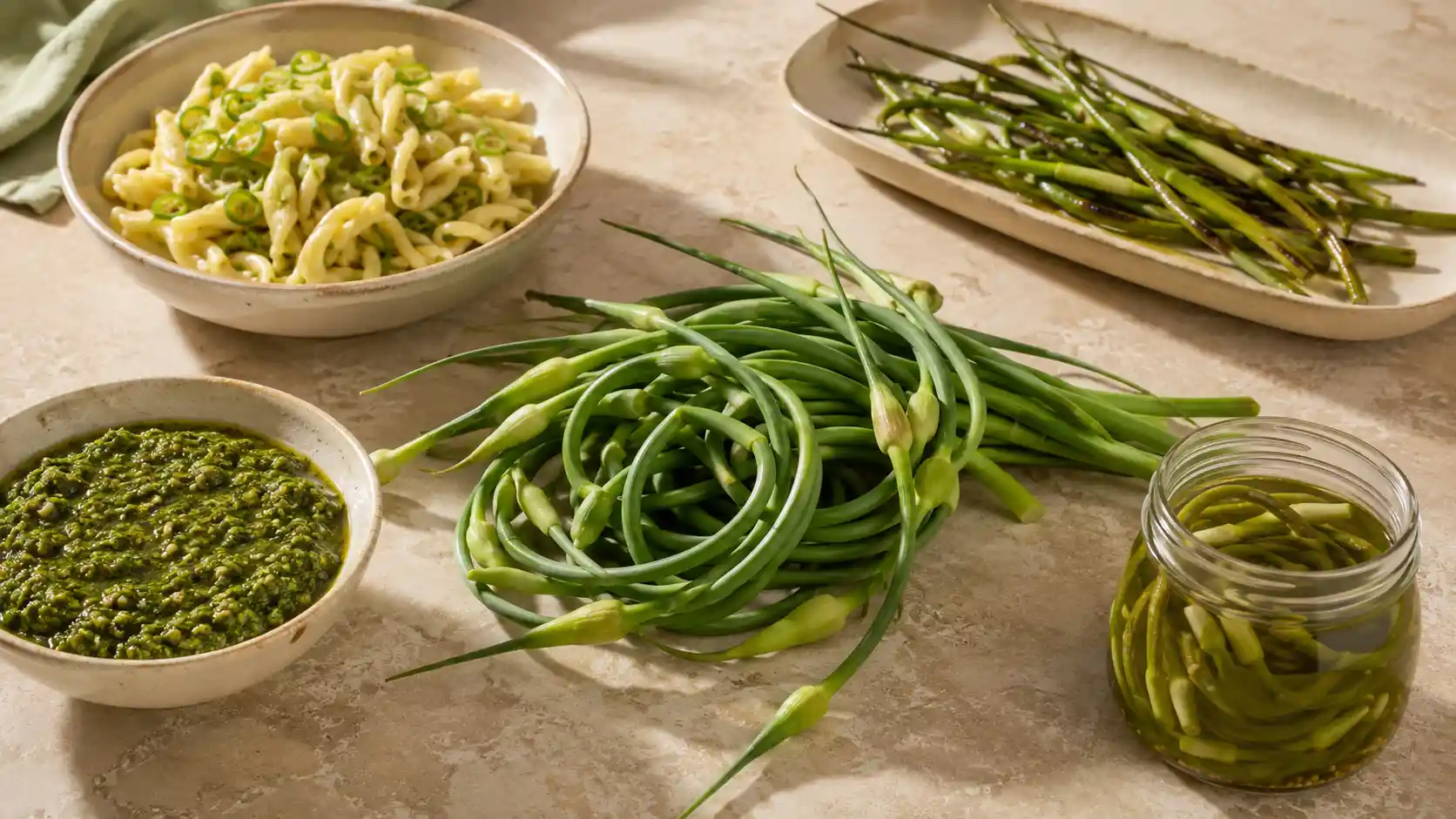 Fresh garlic scapes with garlic scape pesto, pasta, grilled scapes, and refrigerator pickles.