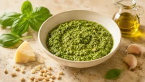 Fresh homemade basil pesto in a cream ceramic bowl with basil leaves, Parmesan, pine nuts, garlic, and olive oil.
