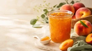 Glass jar of homemade peach jam surrounded by fresh peaches and a small serving spoon.