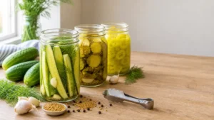 Glass jars of homemade dill pickles, bread and butter pickles, and pickled banana peppers on a summer table