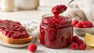 Easy homemade raspberry jam in a glass jar with fresh raspberries and toast