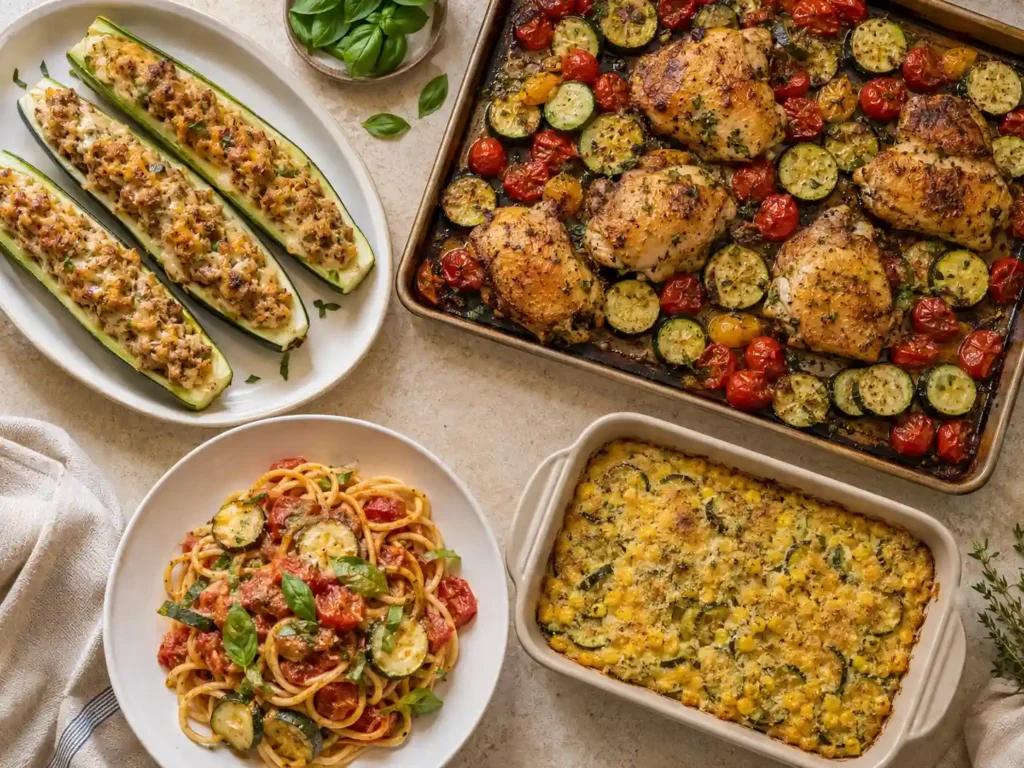 Turkey-stuffed zucchini boats, cooked chicken with zucchini and tomatoes, tomato zucchini pasta, and zucchini corn casserole.