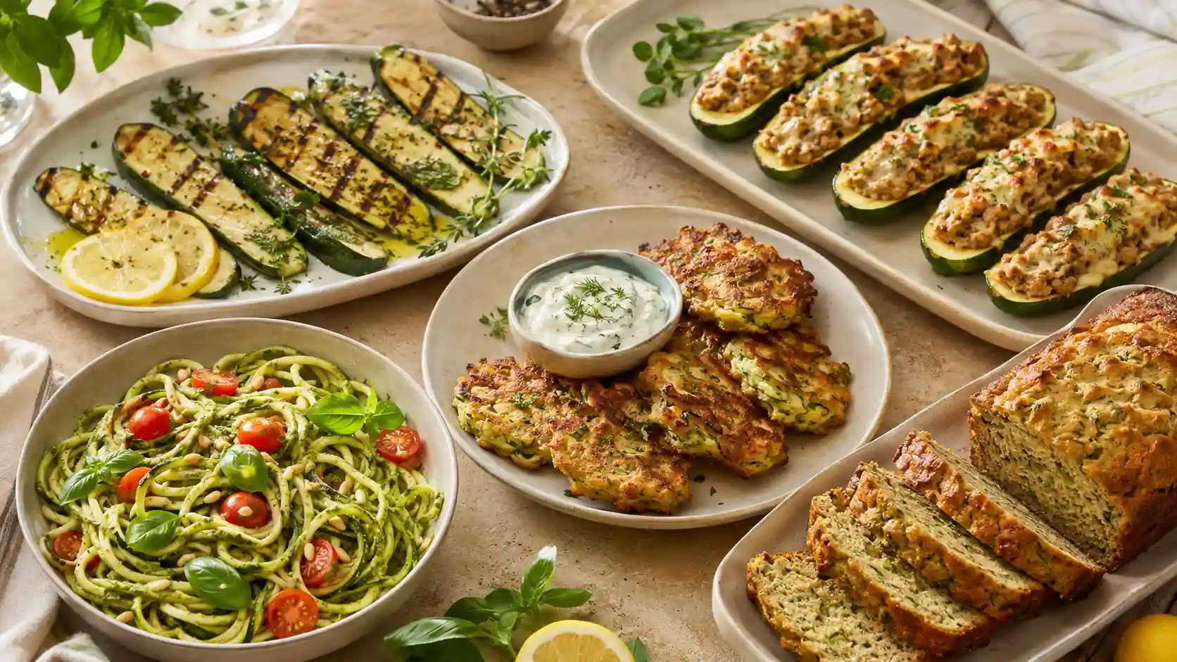 Five easy zucchini dishes including grilled zucchini, fritters, stuffed boats, pesto zucchini noodles, and zucchini bread.