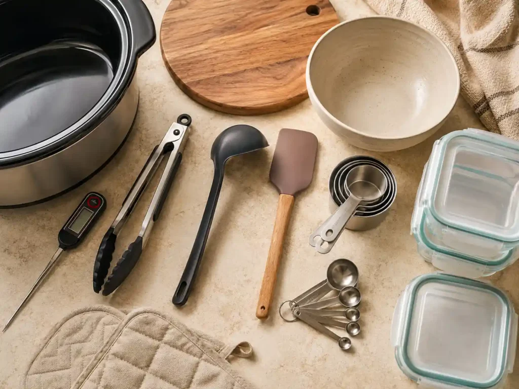 Essential slow cooker tools including thermometer, tongs, ladle, spatula, measuring cups, and meal prep containers