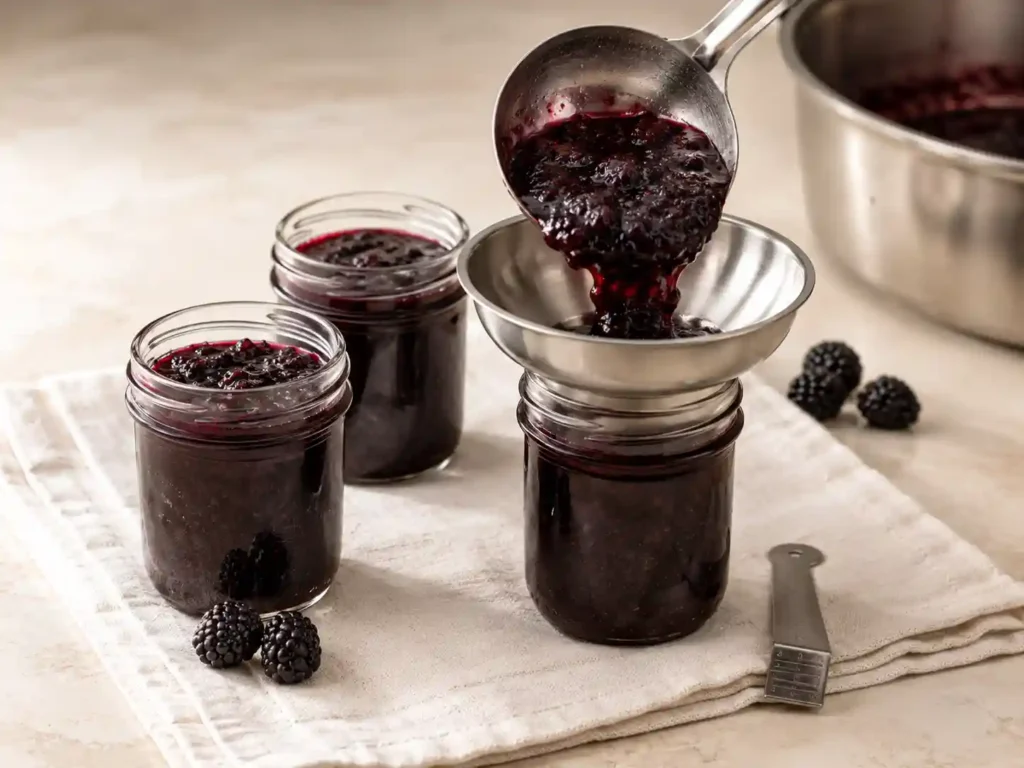 Hot blackberry jam being ladled through a canning funnel into clean glass jars with quarter-inch headspace.