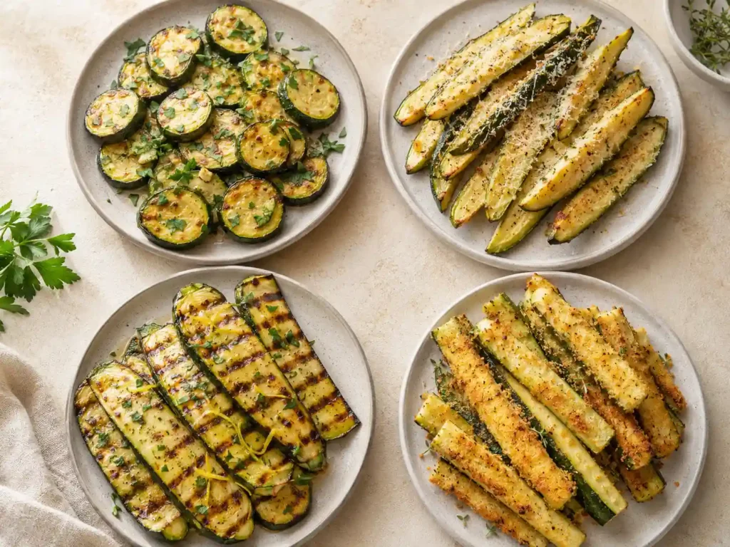Four plates showing garlic sautéed zucchini, Parmesan roasted spears, grilled zucchini planks, and coated zucchini sticks.