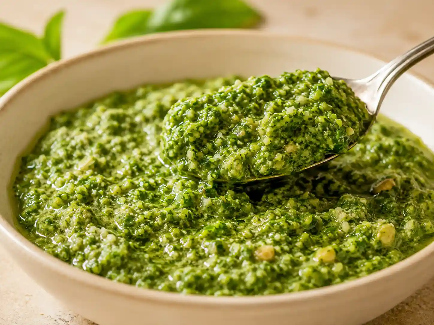 Sharp close-up of homemade basil pesto showing chopped basil, Parmesan, pine nuts, and olive oil.