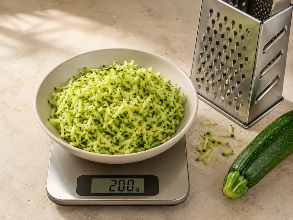 Freshly grated unsqueezed zucchini in a bowl beside a box grater and whole zucchini