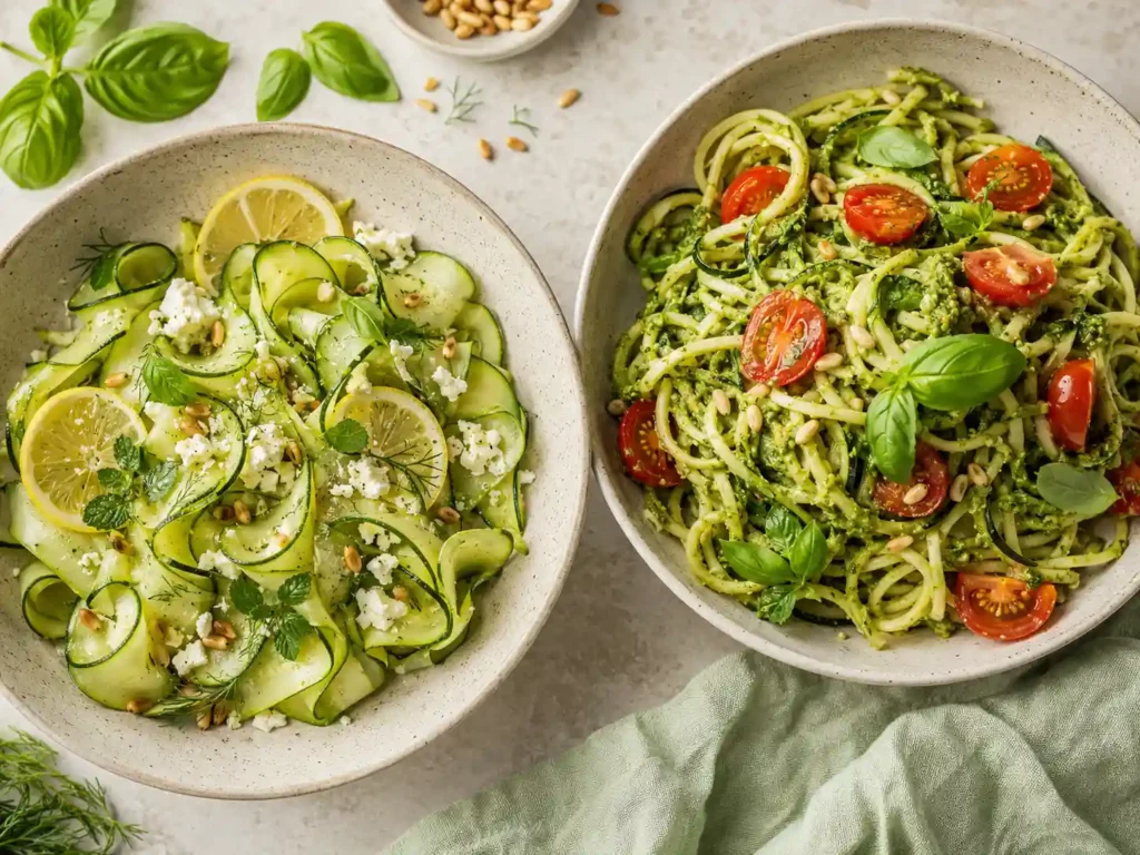 Shaved zucchini ribbon salad with lemon and feta beside zucchini noodles with basil pesto and tomatoes.