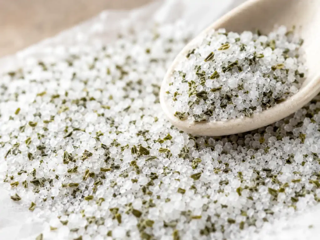 Close-up of dry crumbly basil salt with green basil flecks