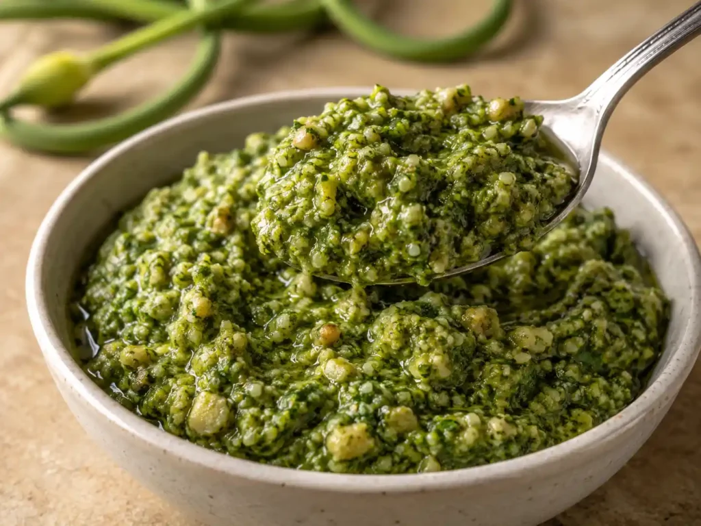 Sharp close-up of textured green garlic scape pesto on a spoon above a cream bowl.