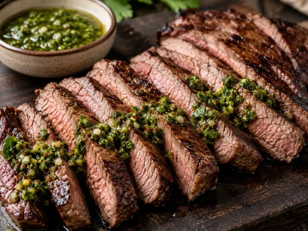 Sliced grilled beef with browned edges and fresh green chimichurri