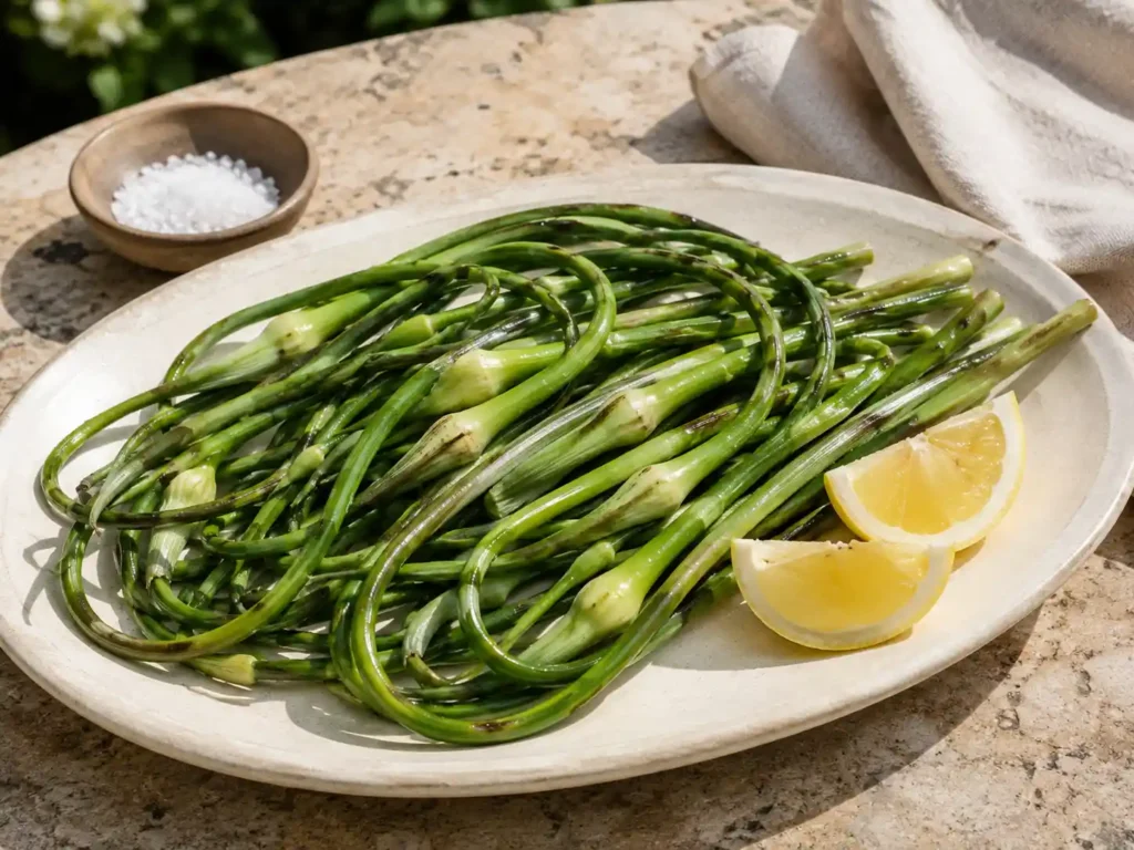 Lightly charred whole garlic scapes served on a cream platter with lemon wedges.
