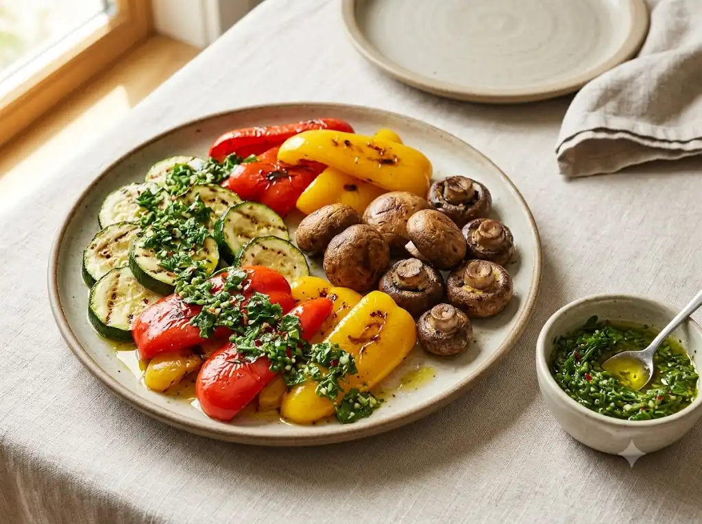 Grilled zucchini, bell peppers, and mushrooms served with coarse parsley chimichurri sauce