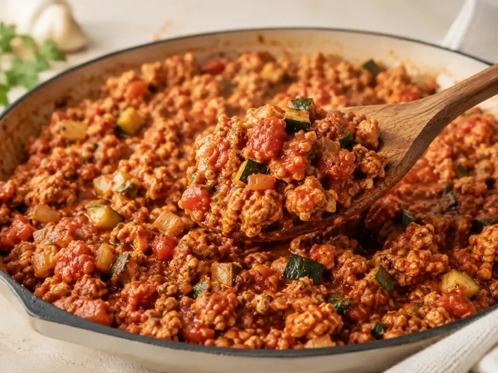 Thick cooked ground turkey and marinara filling for stuffed zucchini boats in a skillet.