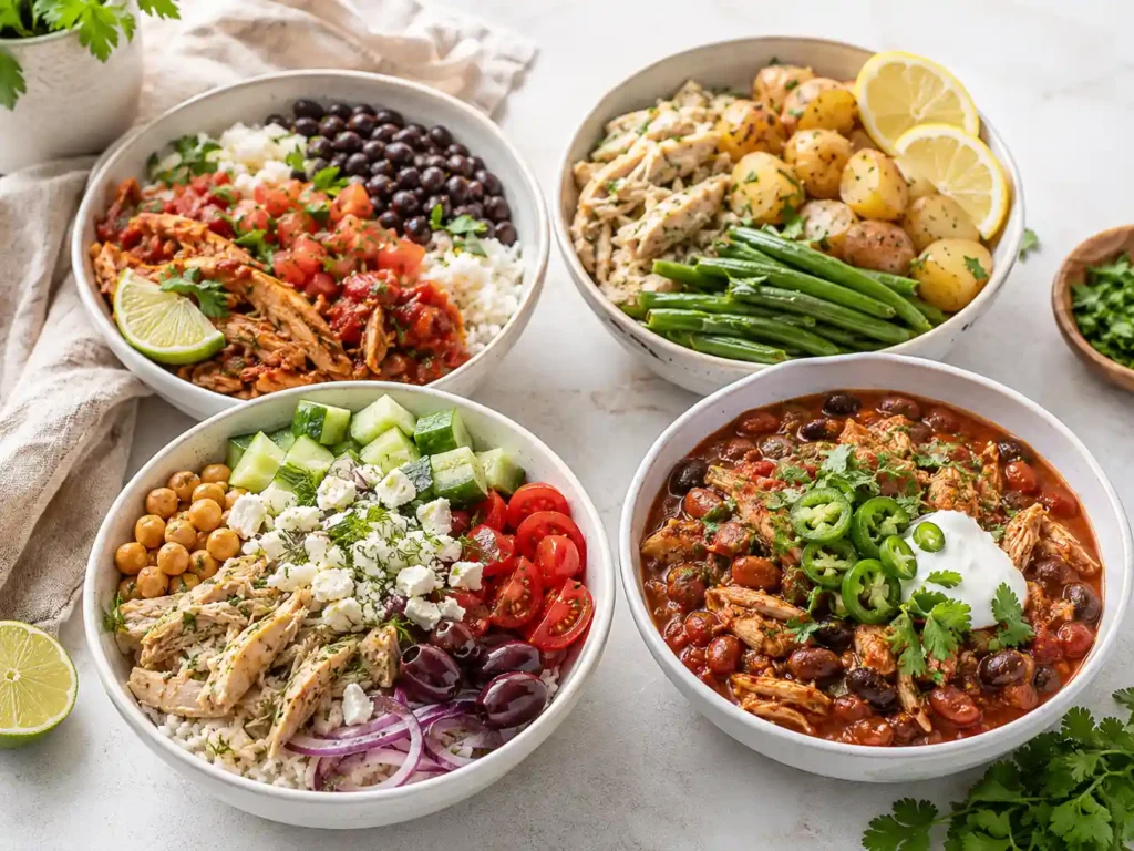 Healthy crockpot chicken dinner bowls with rice vegetables beans sweet potatoes and shredded chicken