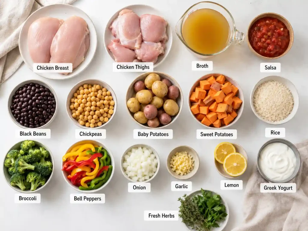 Labeled ingredients for healthy crockpot chicken recipes including chicken vegetables beans broth rice and herbs