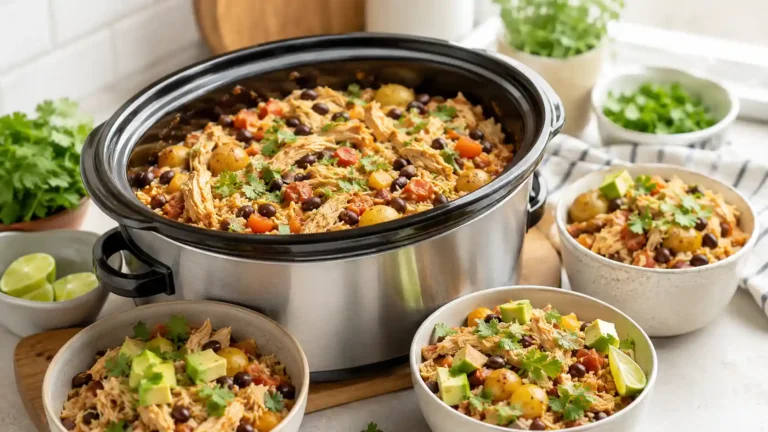 Healthy crockpot chicken recipes with shredded chicken vegetables rice and fresh herbs