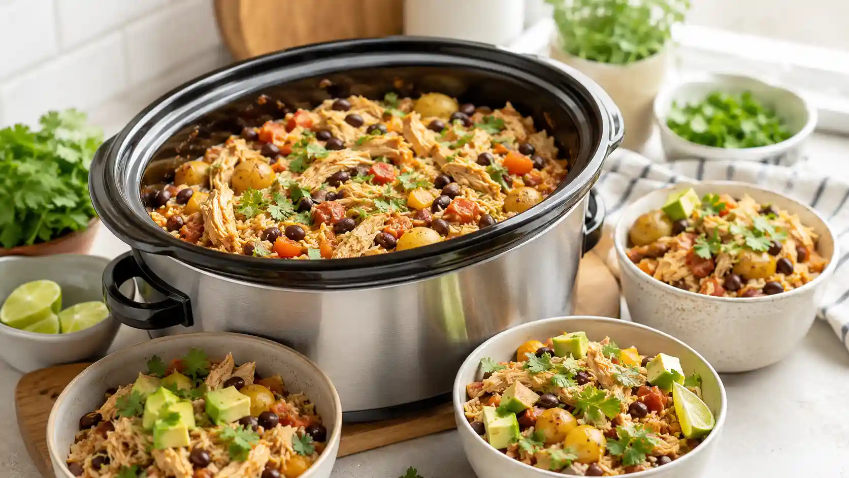 Healthy crockpot chicken recipes with shredded chicken vegetables rice and fresh herbs