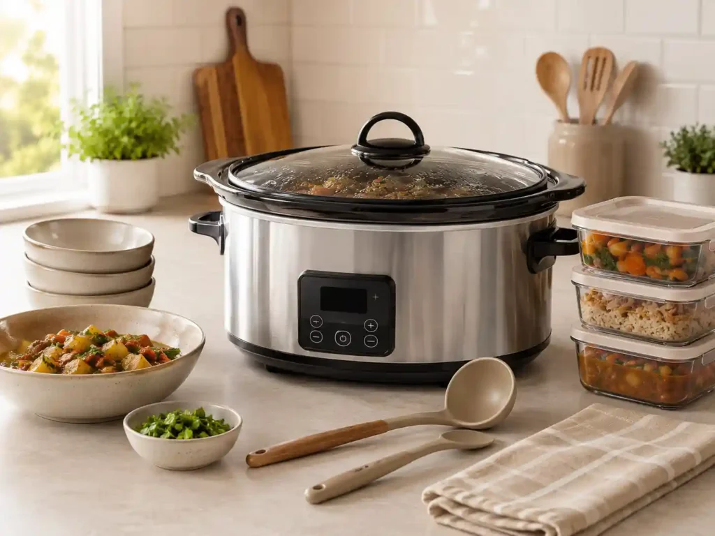 Slow cooker tools with ladle, silicone spoon, meal prep containers, and serving bowls