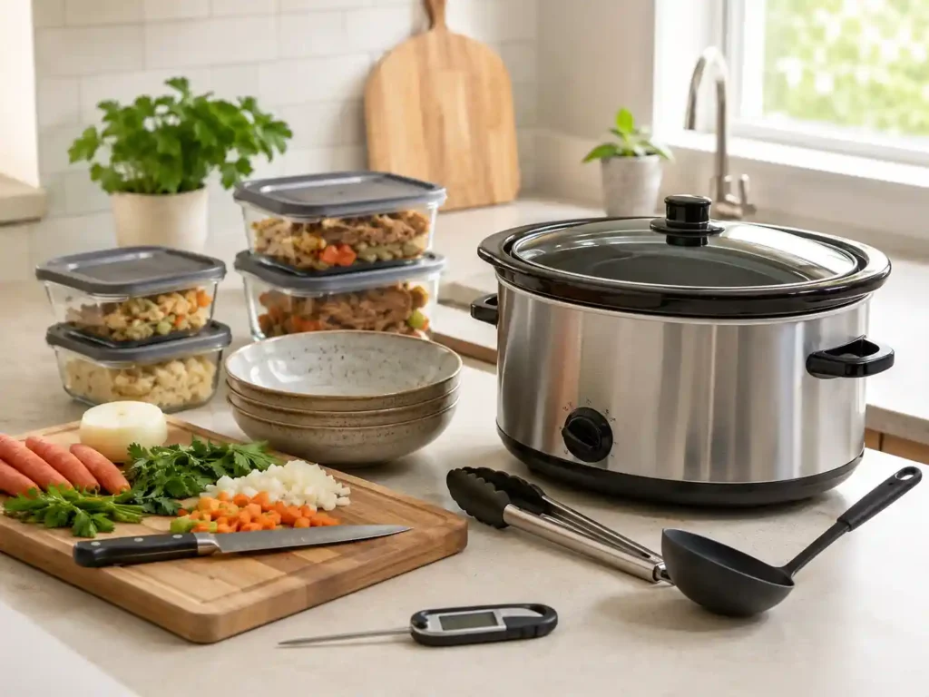 Slow cooker, food thermometer, tongs, ladle, cutting board, serving bowls, and meal prep containers for making crockpot meals.
