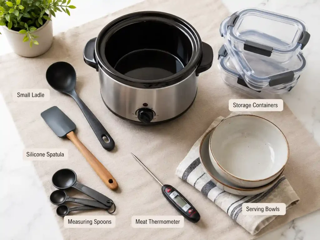Helpful tools for using a mini Crock Pot including small ladle, silicone spatula, measuring spoons, meat thermometer, storage containers, and serving bowls.