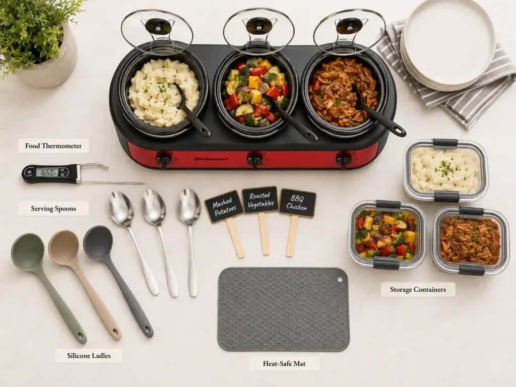 Triple slow cooker with food thermometer, serving spoons, silicone ladles, food labels, storage containers, and heat-safe mat