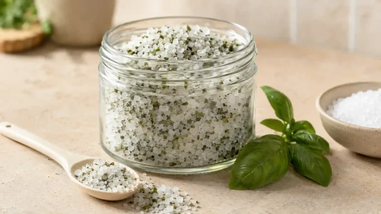 Homemade basil salt in a glass jar with fresh basil and kosher salt
