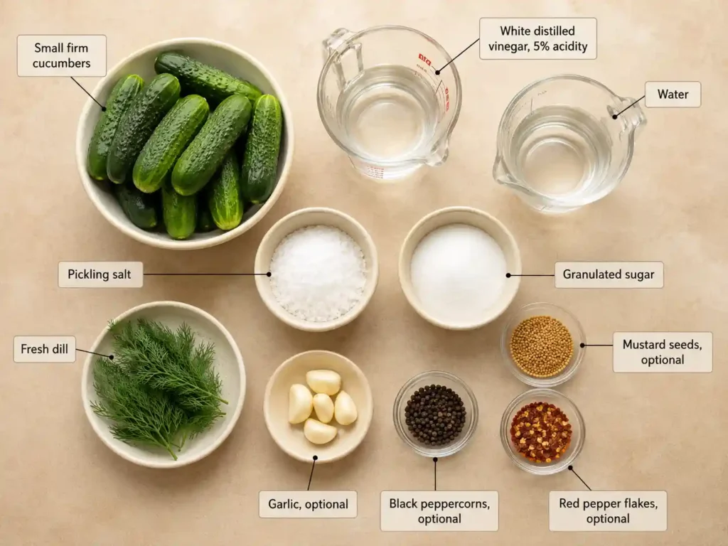 Labeled ingredients for refrigerator dill pickles, including cucumbers, vinegar, water, pickling salt, sugar, dill, garlic, and spices.