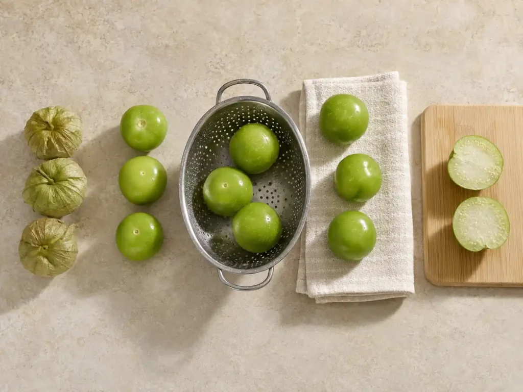 Fresh tomatillos shown in husks, cleaned, dried, and halved for cooking